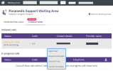 A Waiting Area with the Consult Now tab selected. In the Initiated Calls section, the Status column has a Waiting for Caller notice, to indicate that the service provider has started a call. The Action Menu is open, and the options are, Open Call, Resend Invitation, Extend Time, and Cancel Invitation.
