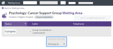 A Group Consultation Waiting Area. The Status column has the status, In Progress. The Caller column indicates that there are two participants in the call. The Action Menu is open, and the options are, You are in this Call, and Participants. The You are in this Call option is inactive.