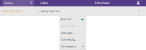 An individual Waiting Area with a call waiting. The Action Menu is open, and the menu items are, Join Call, Add to Call, Message, Call Activity, and Participants.