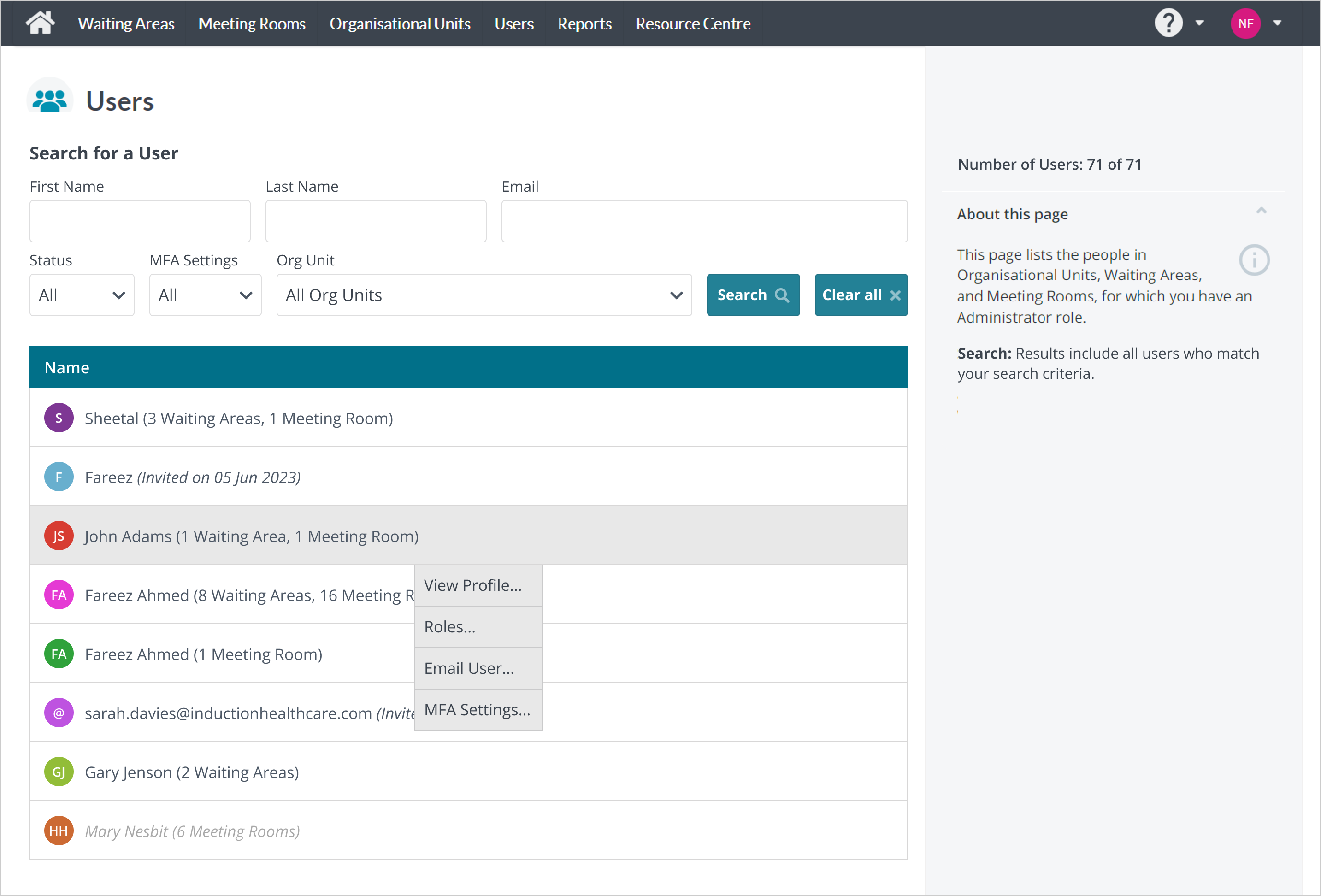 Users screen