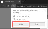 A browser dialog that asks for permission to use your device's microphone and camera. There are two buttons at the bottom of the dialog. On the left is the Allow button, and on the right is the Block button. The Allow button is highlighted, to indicate that you must select Allow to be able to join the video call.
