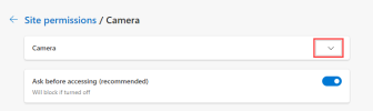 The Edge browser's Camera settings. The down arrow to the right of Camera is highlighted and the Ask Before Accessing toggle switch is set to On.