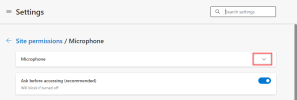 The Edge browser's Microphone settings. The down arrow beside Microphone is highlighted, and the Ask Before Accessing toggle switch is set to On.