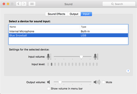 The Apple System Preferences, Sound settings. The Input tab is selected and the Select a Device for Sound Input list appears.