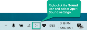 The Sound button in the Windows 10 tray. A callout says, Right-click the Sound icon and select Open Sound Settings.