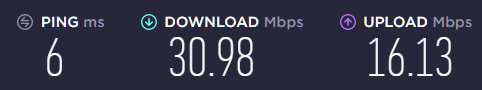 The results of a speed test, showing a ping speed of 6 milliseconds, a download speed of 30.98 megabits per second, and an upload speed of 16.13 megabits per second.