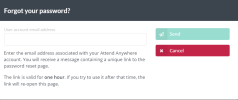 The Forgot Your Password dialog. The User Account Email Address field is empty. Instructional text appears below the field. This text will be repeated in the steps that follow. The Send button and Cancel button appear in the top right of the dialog.
