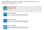 The Windows 10 privacy settings that relate to the device's camera. There is a list of applications, including Google Chrome, Microsoft Edge, Microsoft Teams, and Zoom Meetings. The Google Chrome application has Currently In Use written below it. 